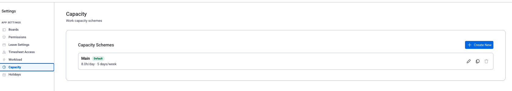 Capacity settings showing Capacity Schemes list with Main scheme and Create New button