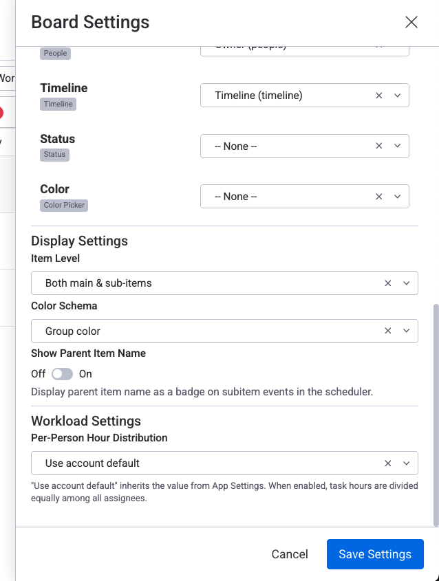 Display settings panel accessed via the settings icon, showing color schema, item height, and per-person distribution options