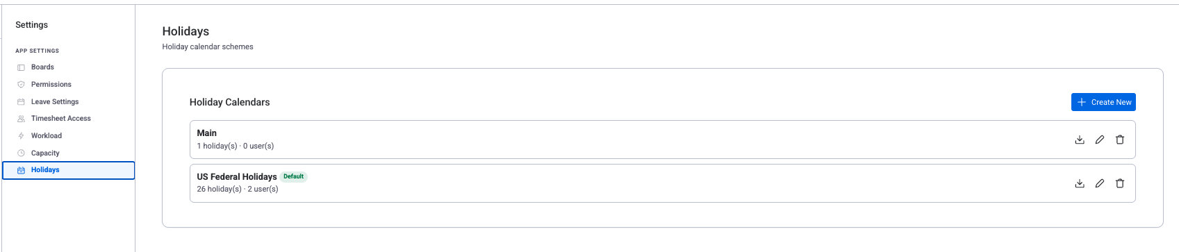 Holidays settings showing Holiday Calendars list with Main and US Federal Holidays
