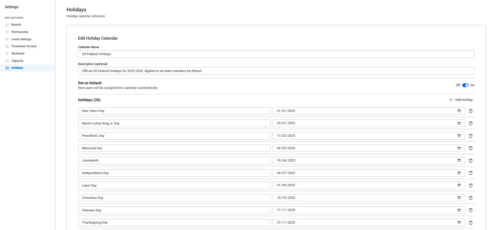 Holiday Calendar setup showing US Federal Holidays with 26 imported holidays