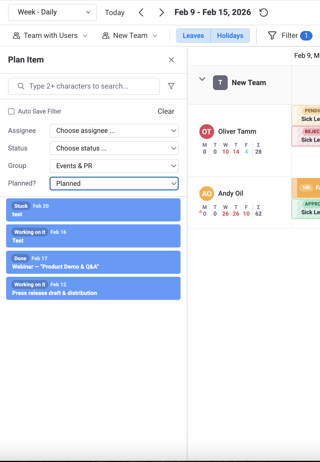 Item Box panel showing search bar, filters for Assignee, Status, Group, and Planned state, and a list of items