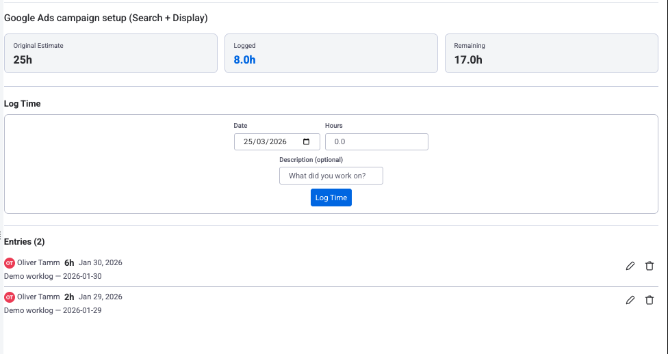 Desktop item view showing the Time Tracking tab with Original Estimate, Logged, Remaining, Log Time form, and worklog entries