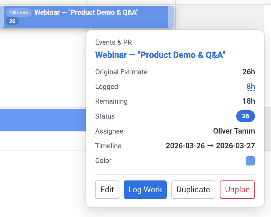 Task tooltip showing Original Estimate, Logged, Remaining, and action buttons