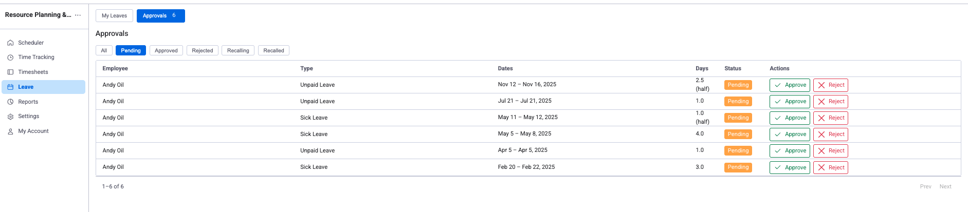 Leave Approvals tab showing pending requests with employee, type, dates, days, and Approve/Reject buttons