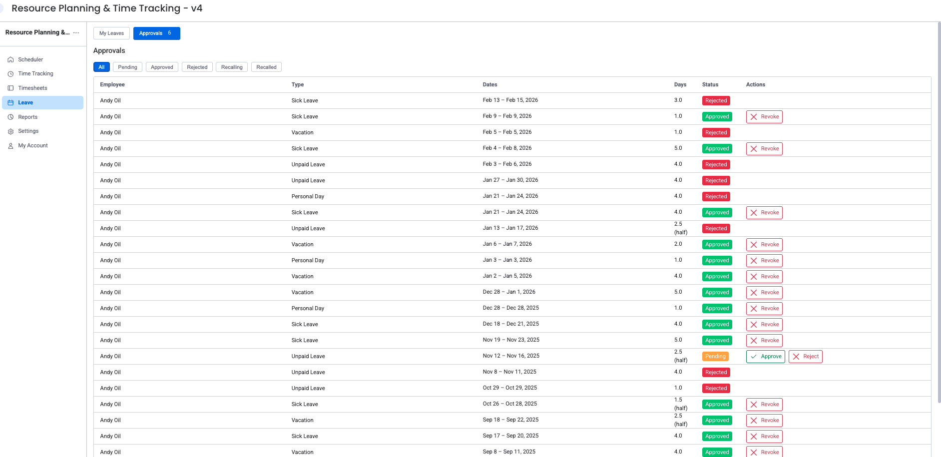 Leave overview showing all leave entries with dates, types, statuses, and revoke actions