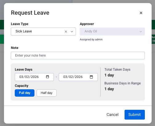 Leave configuration showing leave request form with type, approver, and date options