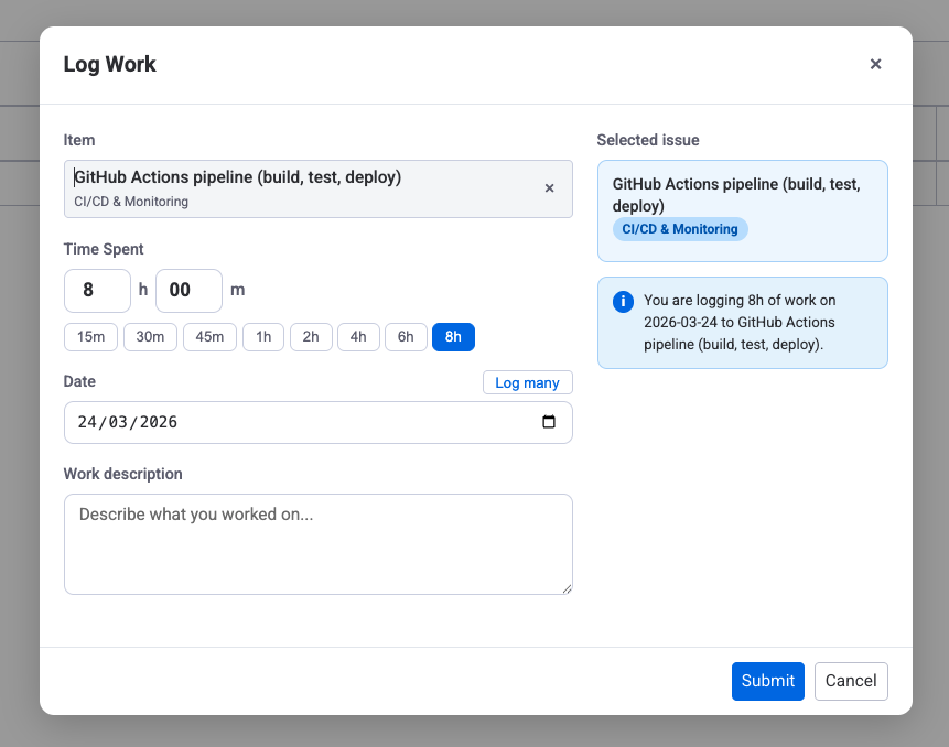 Log Work dialog showing item picker, date selector, hours input, and description field
