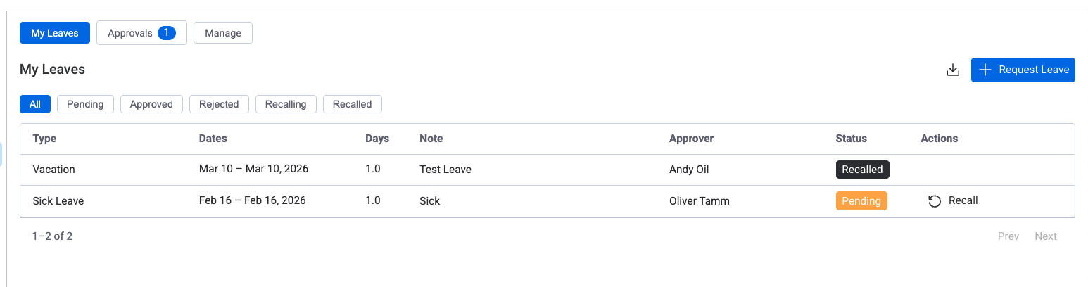 Request Leave dialog showing leave type, day mode, date range, approver, and notes fields