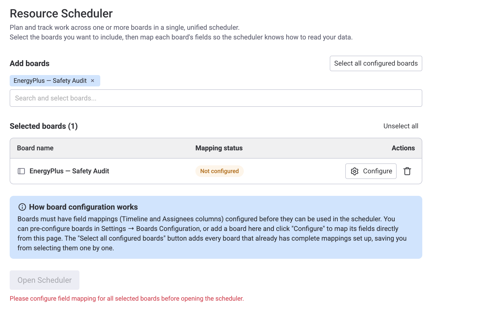 Resource Scheduler board-selection screen showing Add boards search, Select all configured boards button, Selected boards table with a Not configured board, How board configuration works info callout, and disabled Open Scheduler button