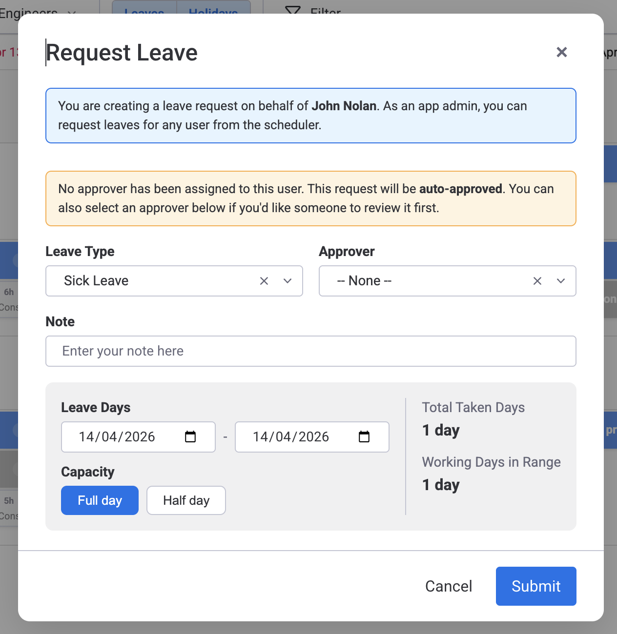 Request Leave dialog opened from the Resource Scheduler, pre-filled with user and date