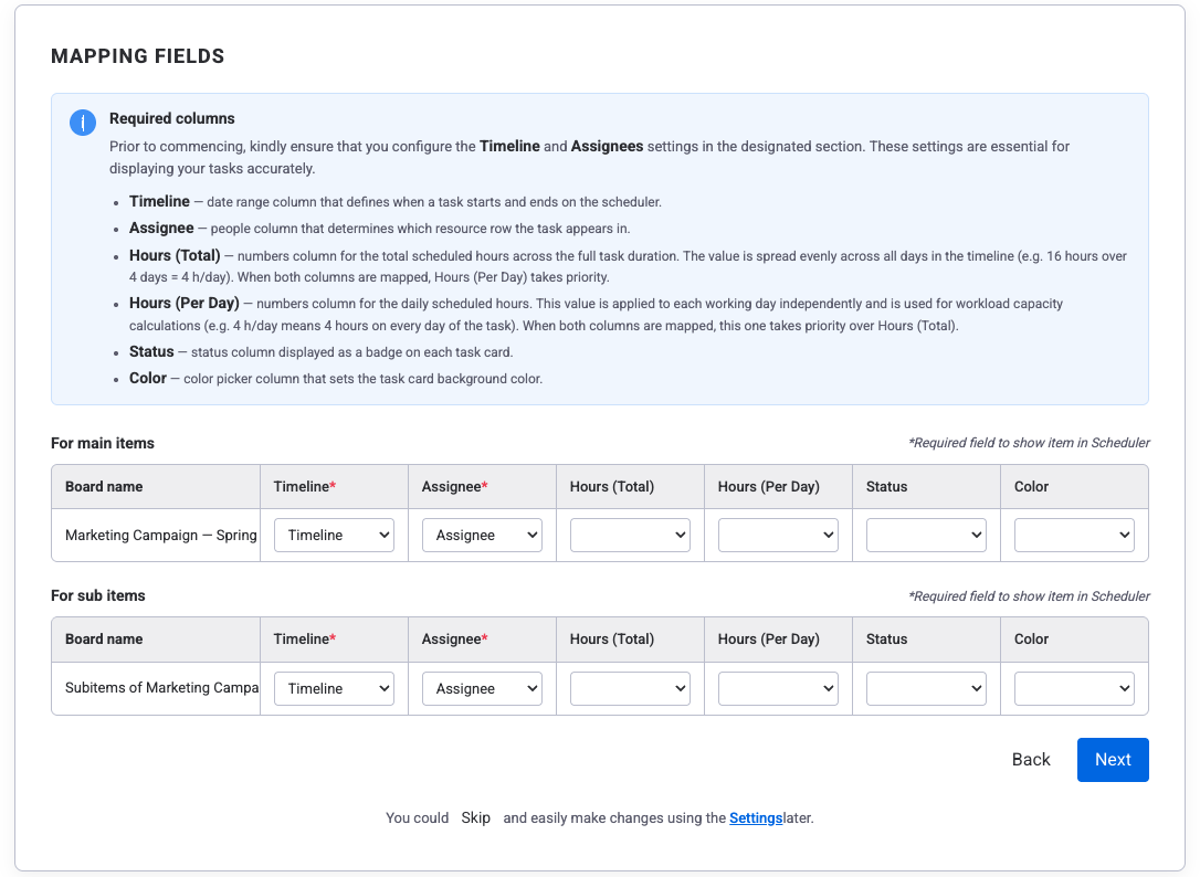 Adding Resource Planning view showing board selection and field mapping configuration
