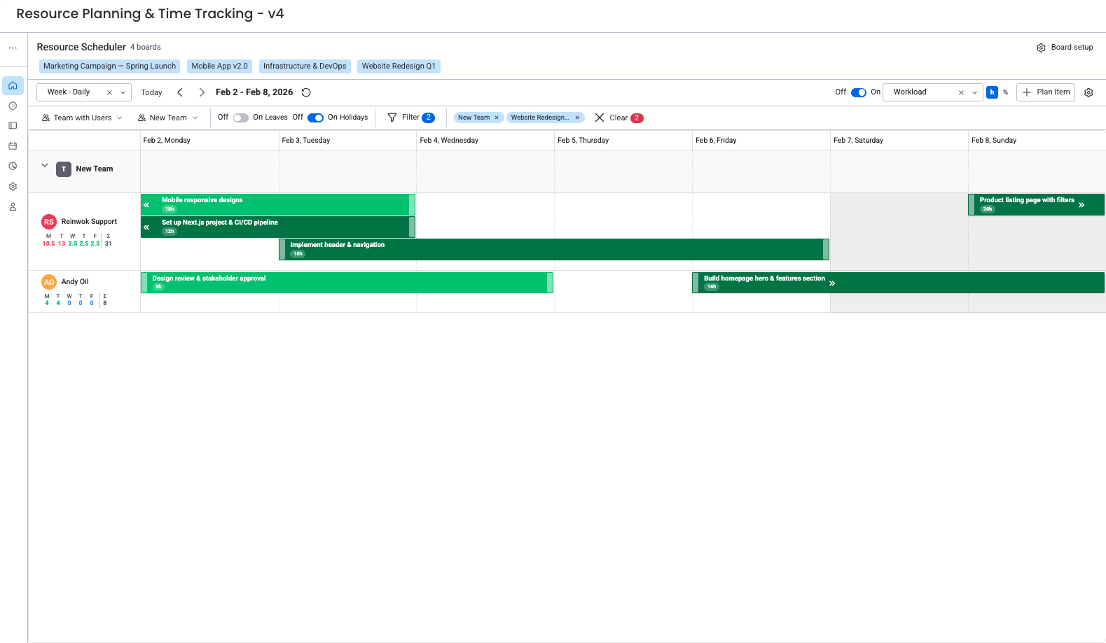 Resource Planning & Time Tracking app showing the main interface with navigation sidebar