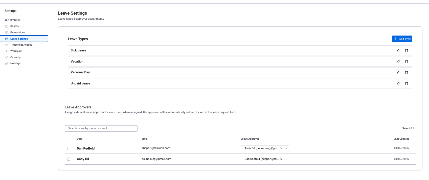 Leave Settings showing Leave Types and Leave Approvers with per-user approver assignments