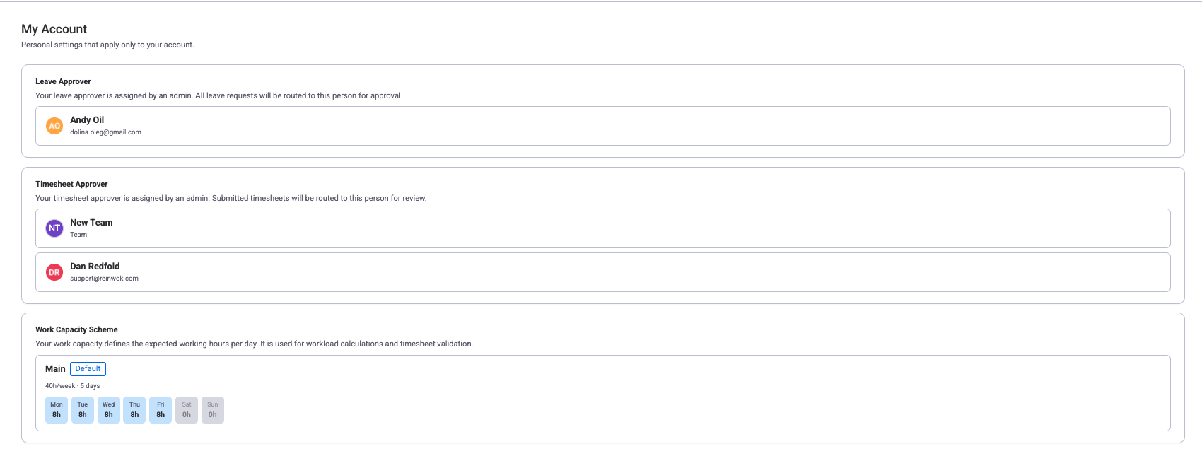 My Account page showing Leave Approver, Timesheet Approver, and Work Capacity Scheme settings