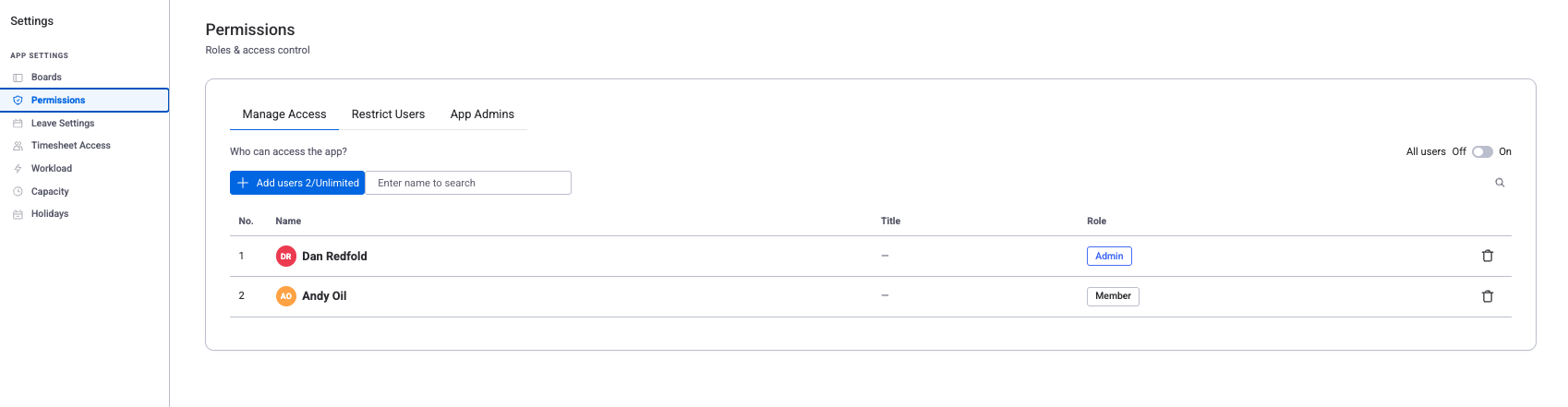 Permissions panel with Manage Access, Restrict Users, and App Admins tabs showing user roles