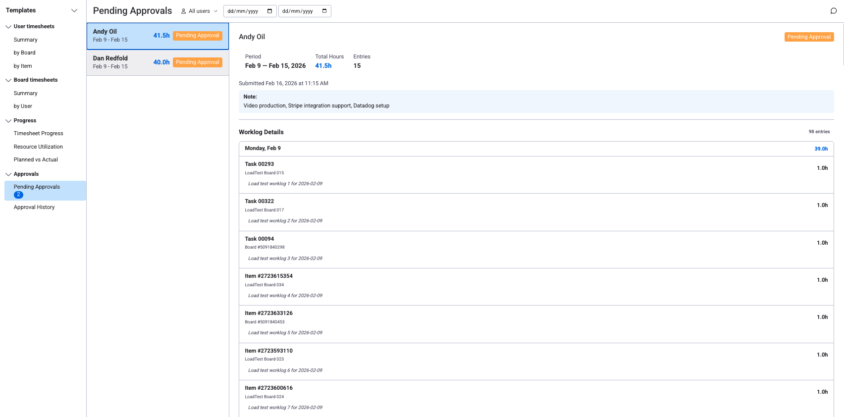 Approver view showing pending timesheets list with detail panel