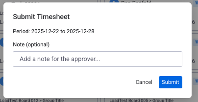 Timesheet submission form with date range and approval workflow