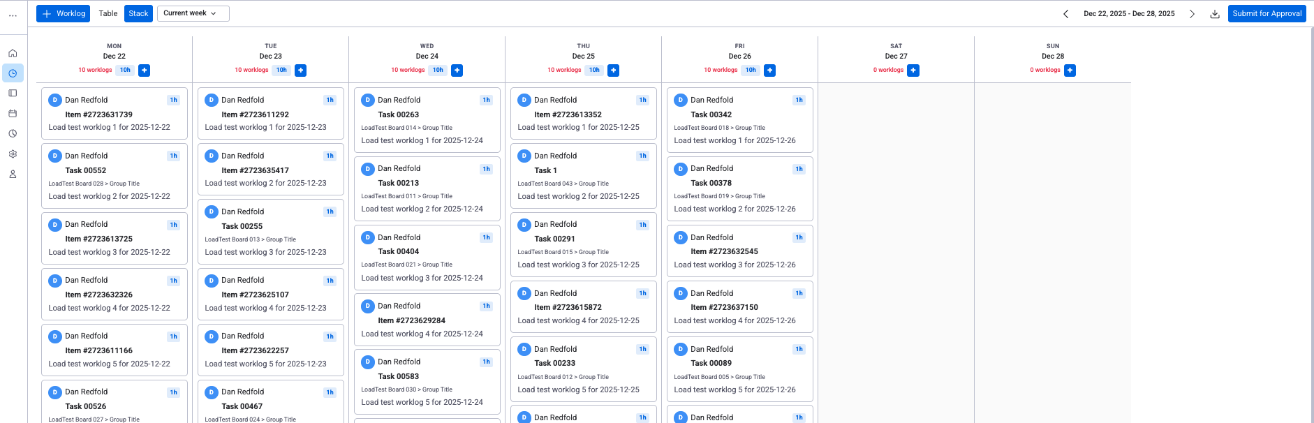 Time Tracking workspace view showing the stack view with daily worklog columns