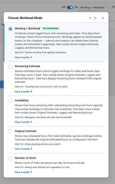 Workload mode selector showing all five modes